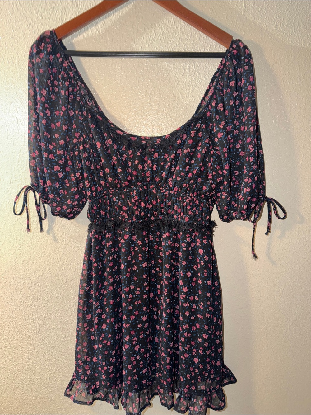 Black Floral Smocked-Waist Mini Dress with Pink Print w/ lace